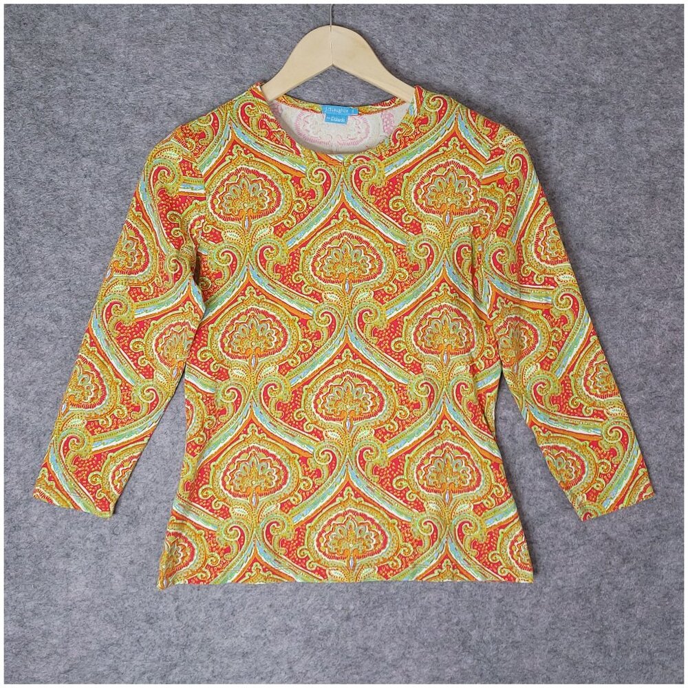 J. McLaughlin Catalina Cloth Damask Paisley Print 3/4 Sleeve Top Size Small